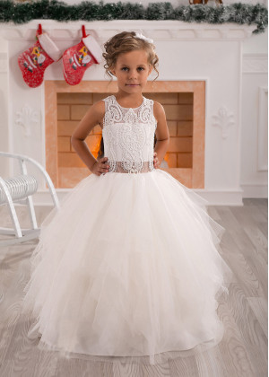 Ivory Lace Pearl Beaded Ruffle Tulle Flower Girl Dress Easter Dress